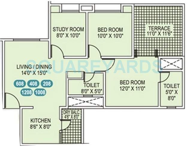 Floor plan of 2 BHK 1105 Sq. Ft. Apartment in Gini Bellina, Pune
