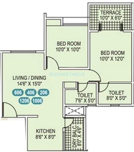 Floor plan of 2 BHK 960 Sq. Ft. Apartment in Gini Bellina, Pune