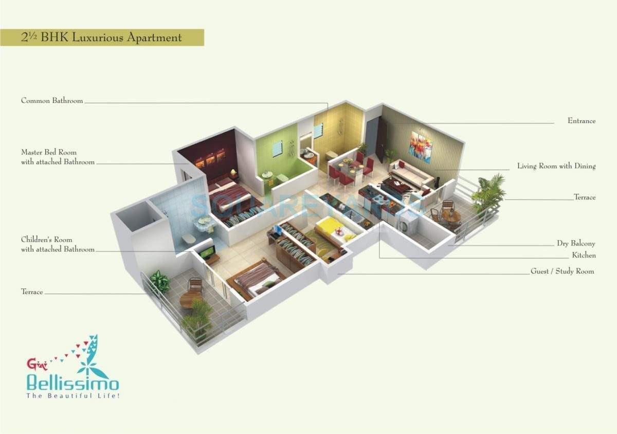 Floor plan of 2 BHK 1125 Sq. Ft. Apartment in Gini Bellissimo, Pune