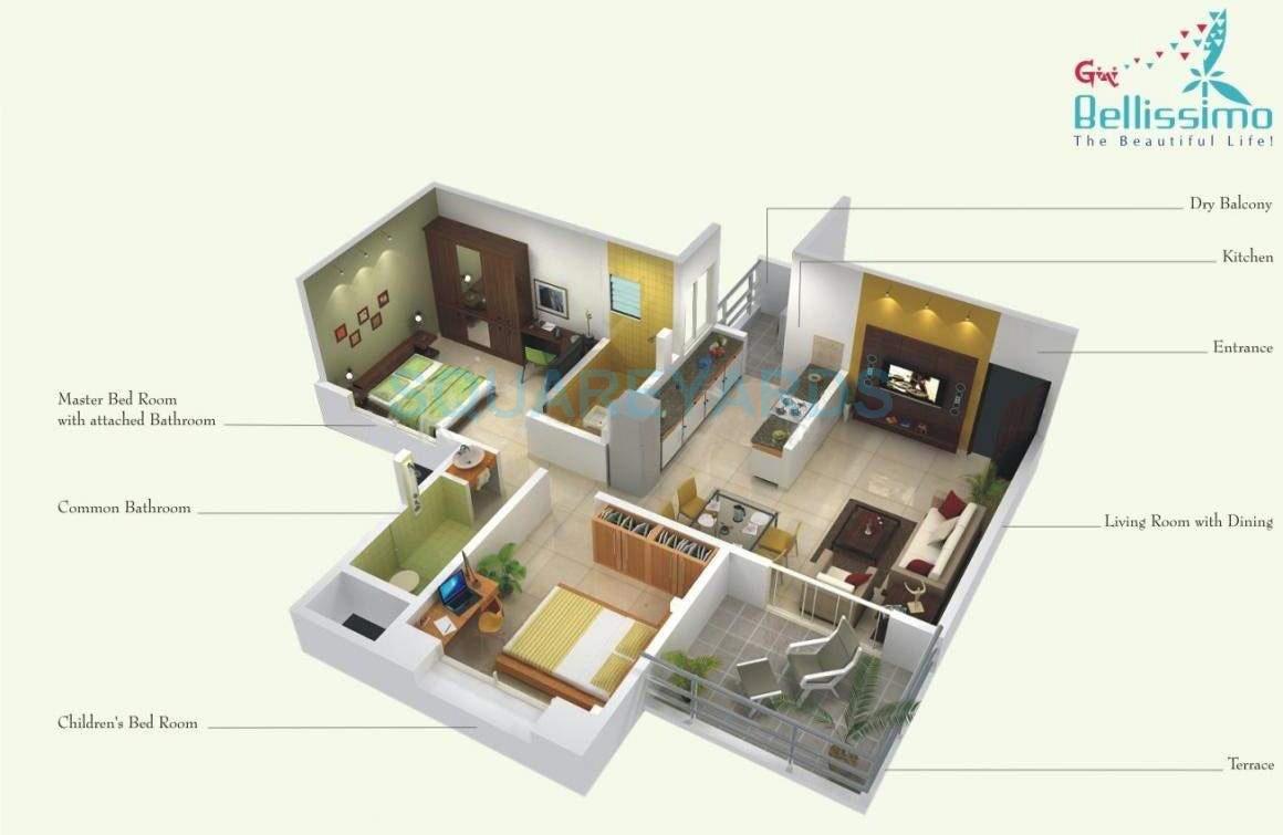 Floor plan of 2 BHK 850 Sq. Ft. Apartment in Gini Bellissimo, Pune