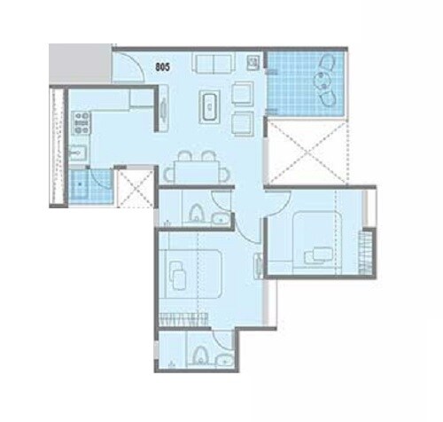 Floor plan of 2 BHK 624 Sq. Ft. Apartment in Gini Belvista Phase 1, Pune