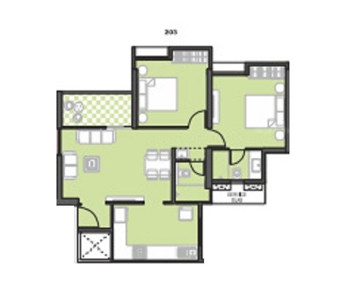Floor plan of 2 BHK 723 Sq. Ft. Apartment in Gini Vivante, Pune