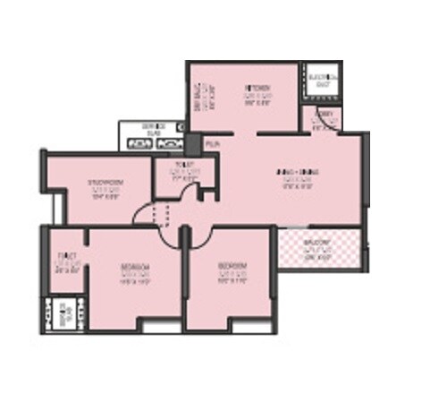 Floor plan of 3 BHK 1005 Sq. Ft. Apartment in Gini Vivante, Pune
