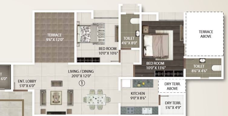 Floor plan of 2 BHK 715 Sq. Ft. Apartment in Gini Viviana, Pune