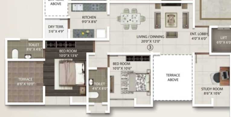 Floor plan of 2 BHK 805 Sq. Ft. Apartment in Gini Viviana, Pune