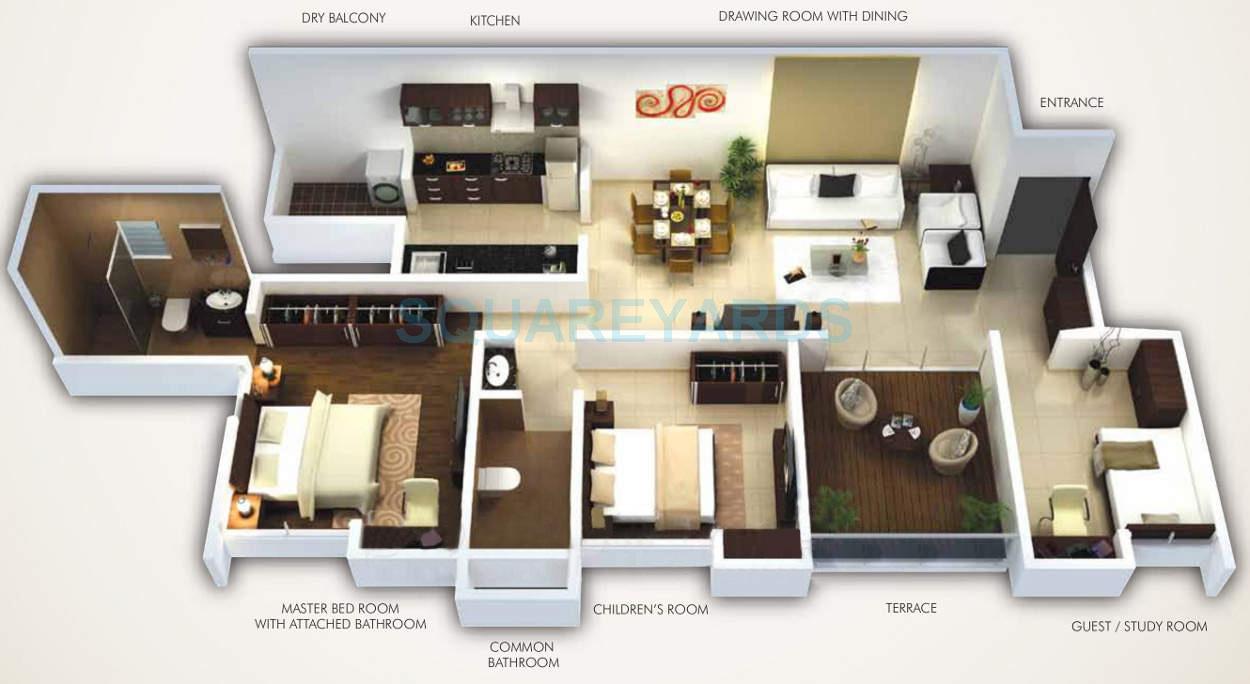 Floor plan of 2 BHK 855 Sq. Ft. Apartment in Gini Viviana, Pune