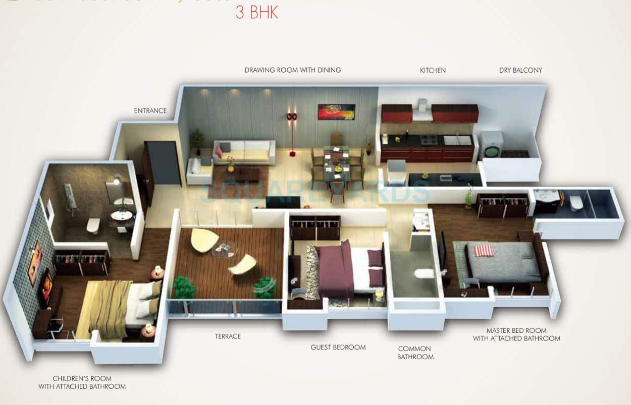 Floor plan of 3 BHK 1025 Sq. Ft. Apartment in Gini Viviana, Pune