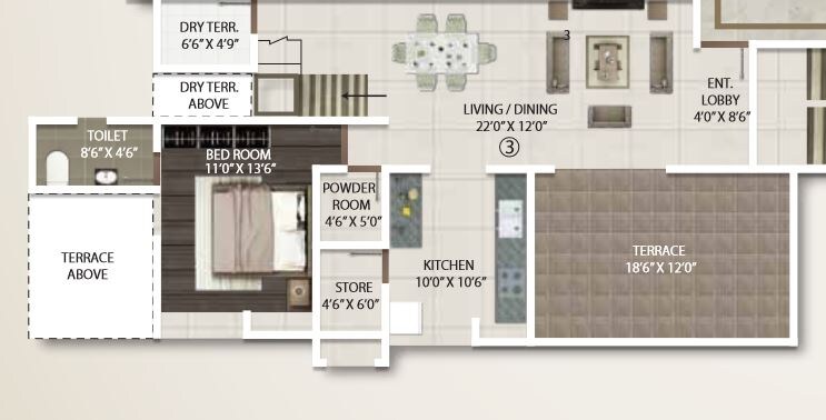 Floor plan of 3 BHK 1330 Sq. Ft. Apartment in Gini Viviana, Pune