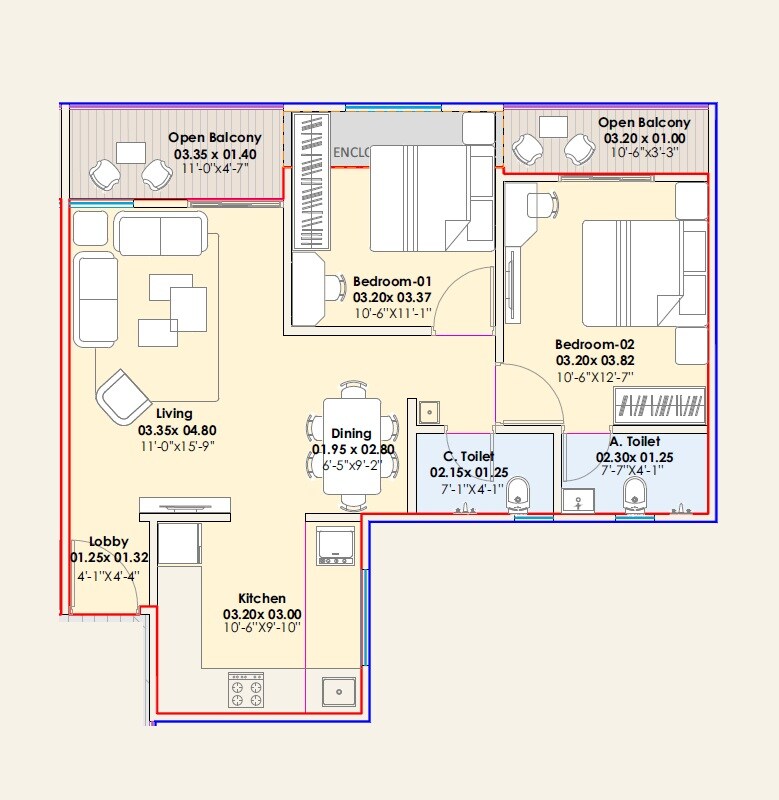 2 BHK 830 Sq. Ft. Apartment