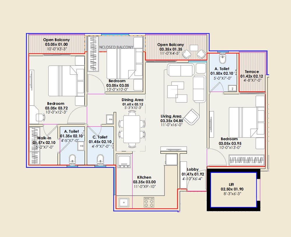 3 BHK 1010 Sq. Ft. Apartment