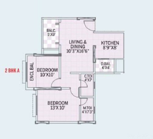 Floor plan of 2 BHK 644 Sq. Ft. Apartment in GK Allure, Pune