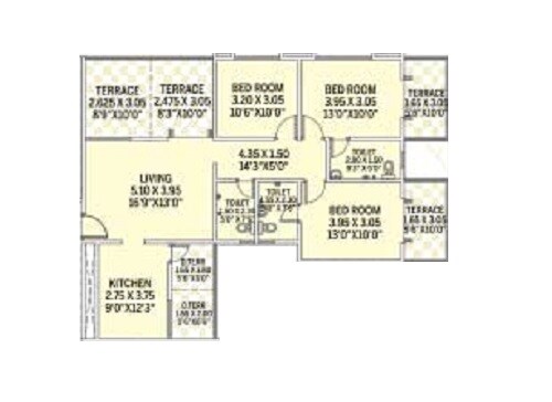Floor plan of 3 BHK 935 Sq. Ft. Apartment in GK Dwarka Heights, Pune