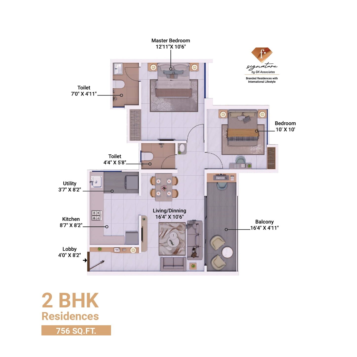 Floor plan of 2 BHK 756 Sq. Ft. Apartment in GK F Signature, Pune