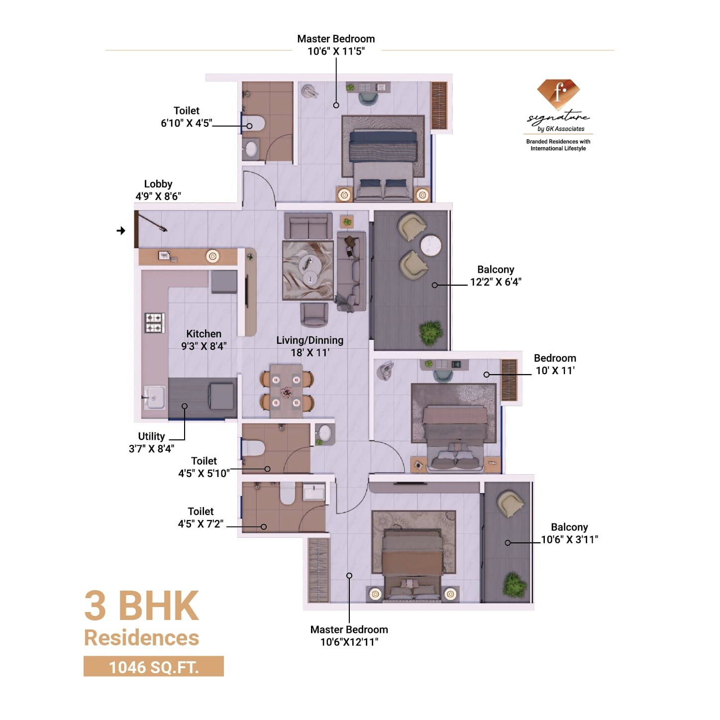 3 BHK 1046 Sq. Ft. Apartment