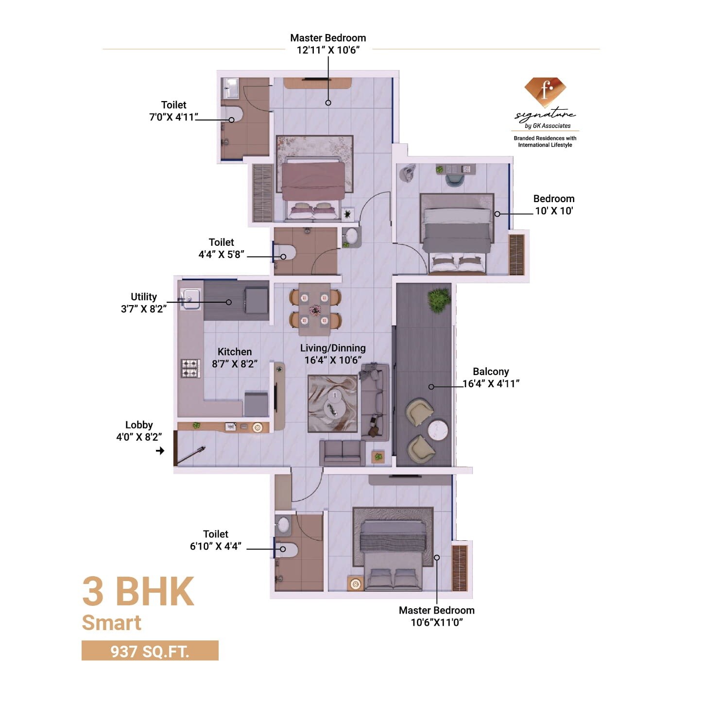 Floor plan of 3 BHK 937 Sq. Ft. Apartment in GK F Signature, Pune