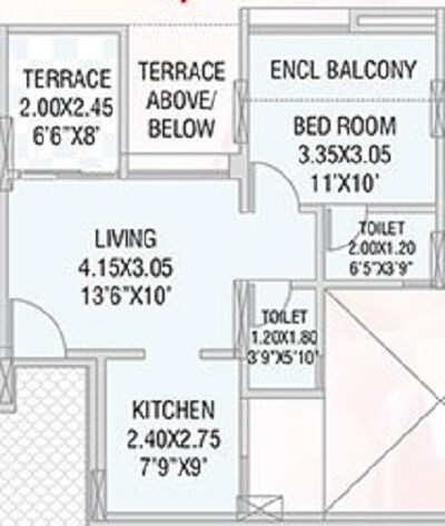 Floor plan of 1 BHK 339 Sq. Ft. Apartment in GK Rose Mansion, Pune