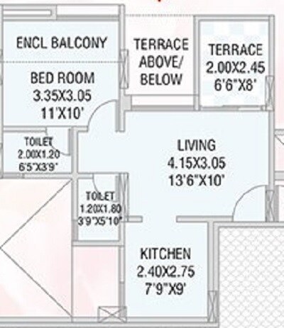 Floor plan of 1 BHK 446 Sq. Ft. Apartment in GK Rose Mansion, Pune