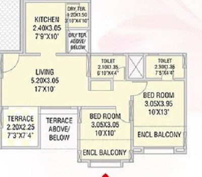 Floor plan of 2 BHK 509 Sq. Ft. Apartment in GK Rose Mansion, Pune