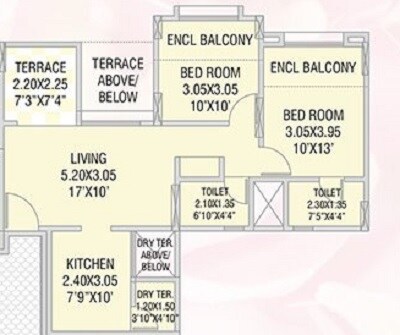 Floor plan of 2 BHK 558 Sq. Ft. Apartment in GK Rose Mansion, Pune