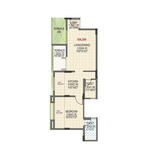 Floor plan of 1 BHK 378 Sq. Ft. Apartment in GK Royale Rahadki Greens, Pune
