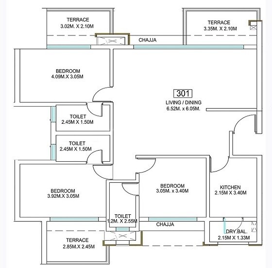 Floor plan of 3 BHK Apartment - 1626 sq. ft. in Global E Homes, Pune
