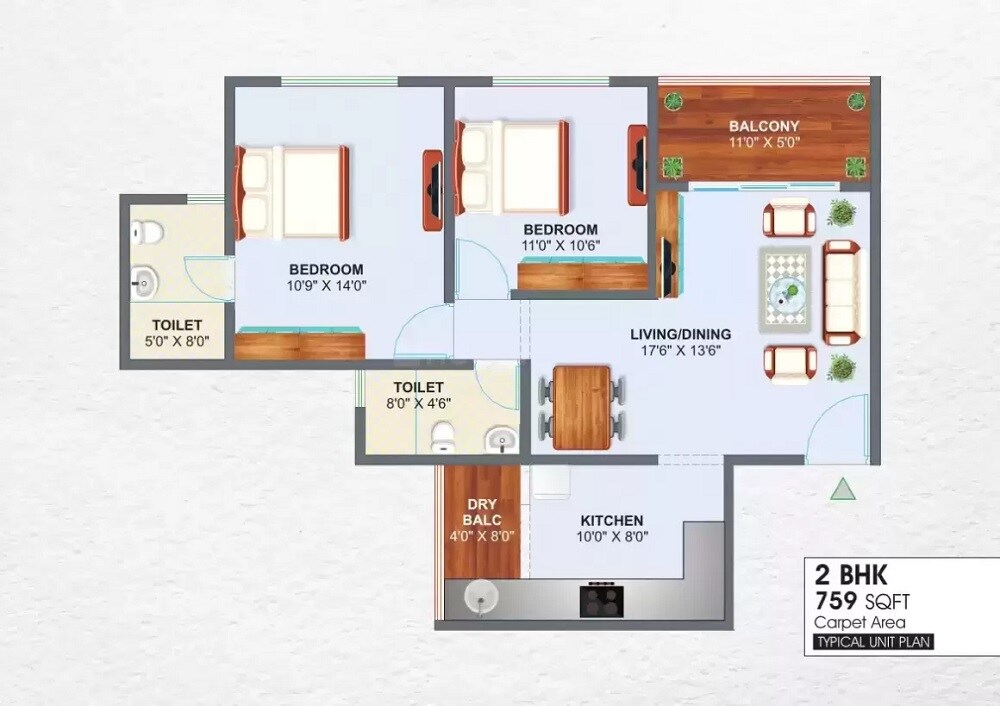 Floor plan of 2 BHK 760 Sq. Ft. Apartment in Global Enrise, Pune
