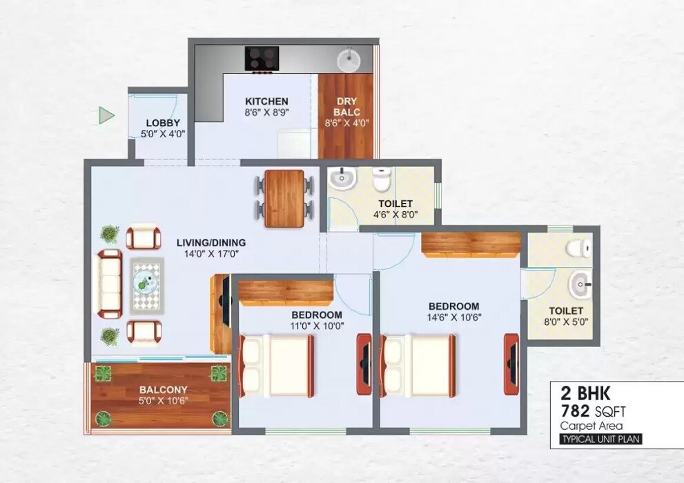 Floor plan of 2 BHK 782 Sq. Ft. Apartment in Global Enrise, Pune
