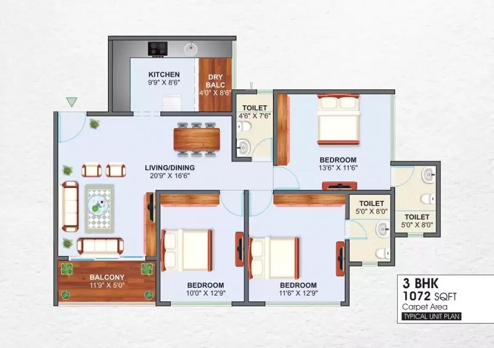 Floor plan of 3 BHK 1072 Sq. Ft. Apartment in Global Enrise, Pune