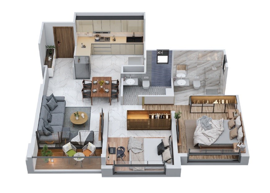Floor plan of 2 BHK 727 Sq. Ft. Apartment in Global Inspira, Pune