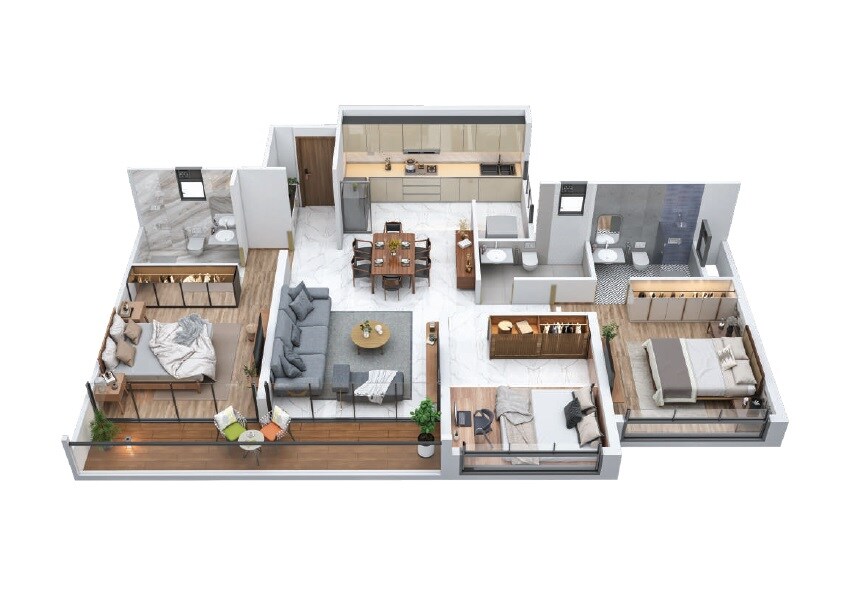 Floor plan of 3 BHK 1237 Sq. Ft. Apartment in Global Inspira, Pune