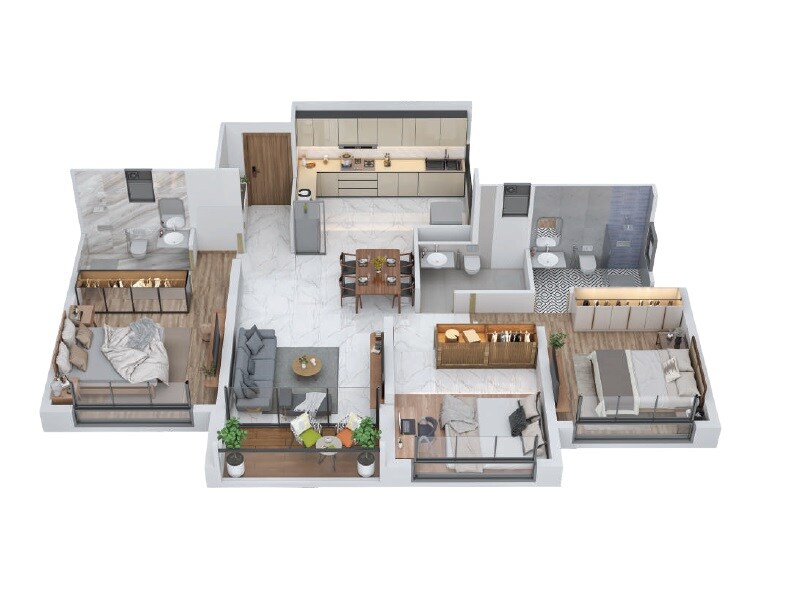 Floor plan of 3 BHK 993 Sq. Ft. Apartment in Global Inspira, Pune