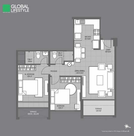 Floor plan of 2 BHK 691 Sq. Ft. Apartment in Global Lifestyle, Pune