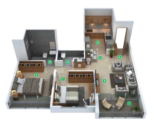 Floor plan of 2 BHK 644 Sq. Ft. Apartment in Global Lifestyle, Pune