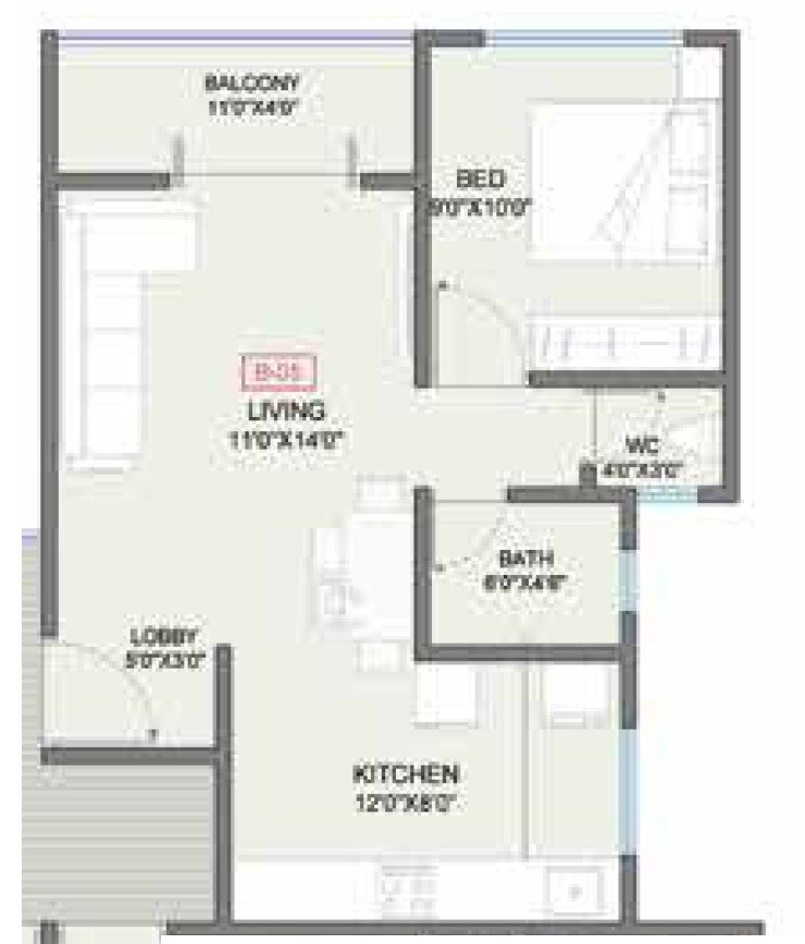 Floor plan of 1 BHK 539 Sq. Ft. Apartment in Global Platinum City Light, Pune
