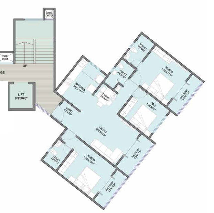 Floor plan of 3 BHK 809 Sq. Ft. Apartment in Global Platinum City Light, Pune