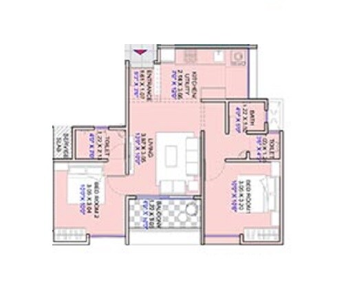 Floor plan of 2 BHK 593 Sq. Ft. Apartment in Global Pranam, Pune