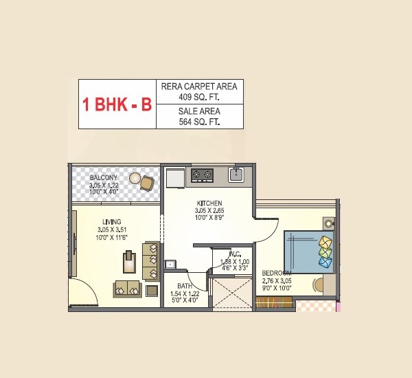 Floor plan of 1 BHK 409 Sq. Ft. Apartment in Global Renest, Pune