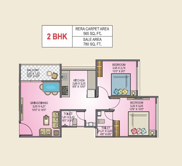 Floor plan of 2 BHK 565 Sq. Ft. Apartment in Global Renest, Pune