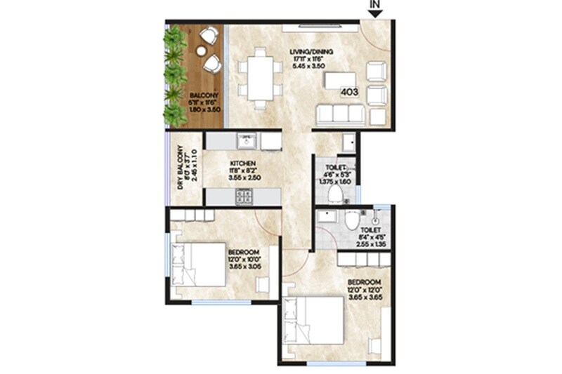 Floor plan of 2 BHK 783 Sq. Ft. Apartment in GM Kenjale Raghunath Society, Pune