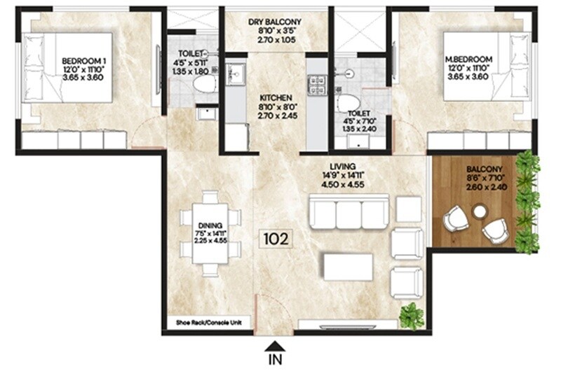 Floor plan of 2 BHK 898 Sq. Ft. Apartment in GM Kenjale Raghunath Society, Pune