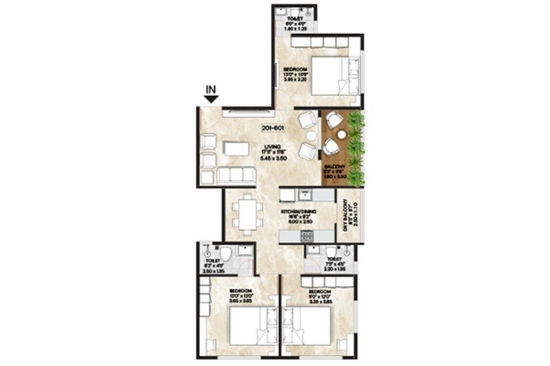 Floor plan of 3 BHK 1012 Sq. Ft. Apartment in GM Kenjale Raghunath Society, Pune