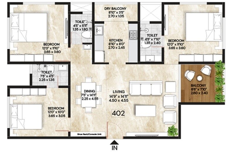 Floor plan of 3 BHK 1070 Sq. Ft. Apartment in GM Kenjale Raghunath Society, Pune