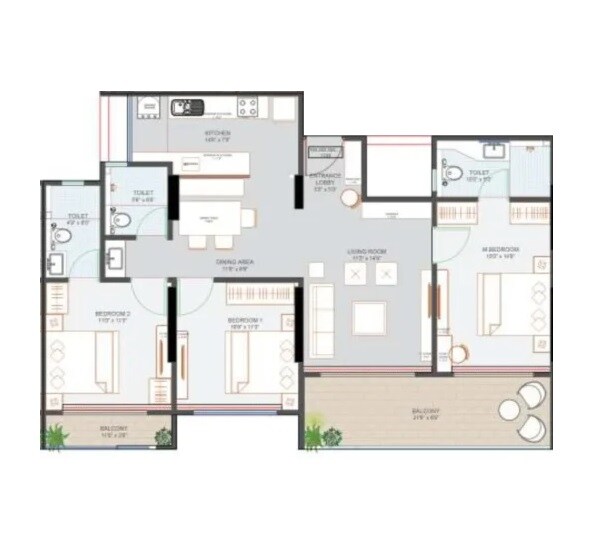 Floor plan of 3 BHK 1232 Sq. Ft. Apartment in GM Mahika, Pune