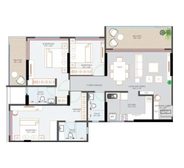 Floor plan of 3 BHK 1132 Sq. Ft. Apartment in GM Mahika, Pune