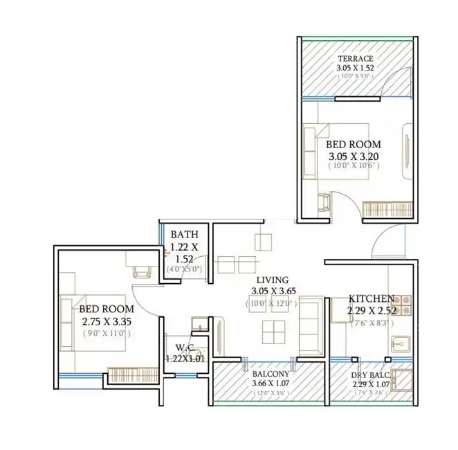 Floor plan of 2 BHK 493 Sq. Ft. Apartment in GM Morya Apartments, Pune