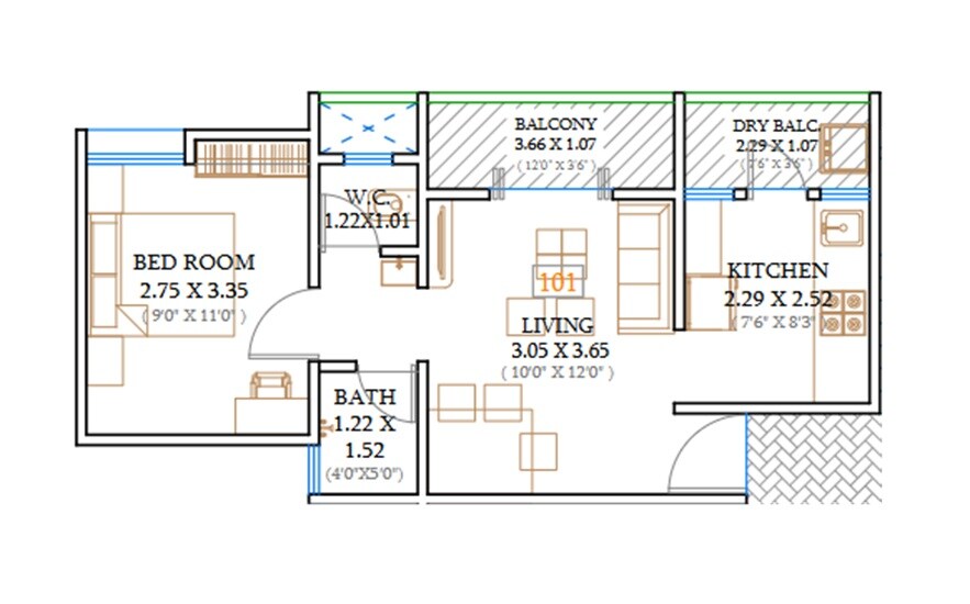 Floor plan of 1 BHK 365 Sq. Ft. Apartment in GM Morya Apartments, Pune
