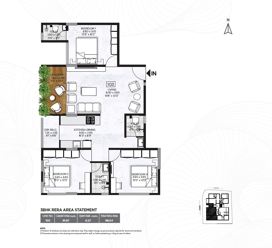 Floor plan of 3 BHK 1061 Sq. Ft. Apartment in GNN Ameya, Pune