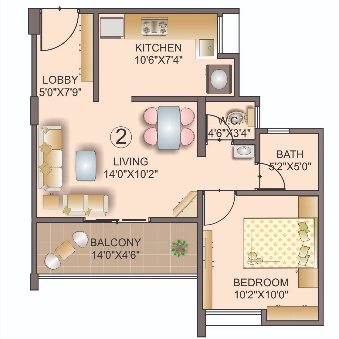 Floor plan of 1 BHK 356 Sq. Ft. Apartment in GNP The Riverside, Pune