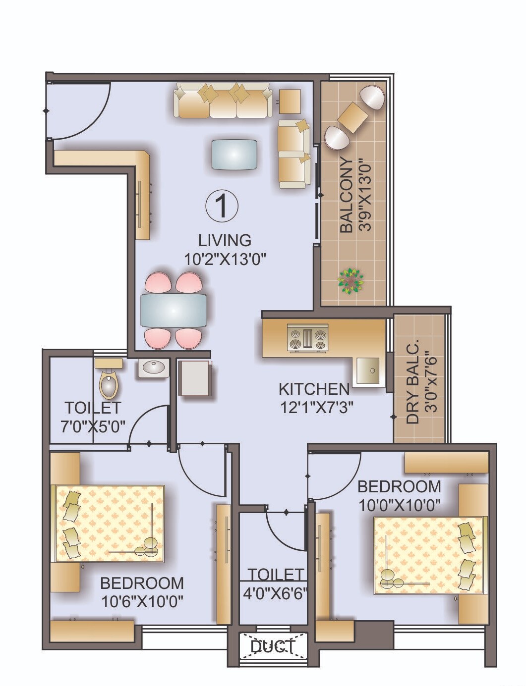 Floor plan of 2 BHK 517 Sq. Ft. Apartment in GNP The Riverside, Pune