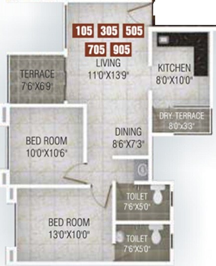 Floor plan of 2 BHK 1036 Sq. Ft. Apartment in Gobind Ganesh Imperia, Pune